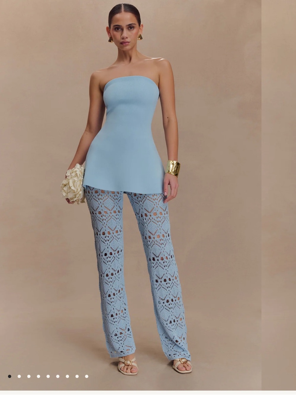 Meshki Light Blue Crochet Wide-Leg Pant and Strapless Top Set